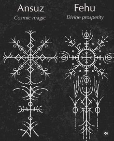 two different types of symbols in white ink on a black background with the words, ansuz and cosmic magic divine prosperity