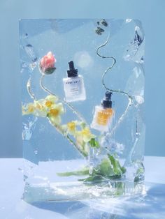 an ice block with flowers and bottles in it