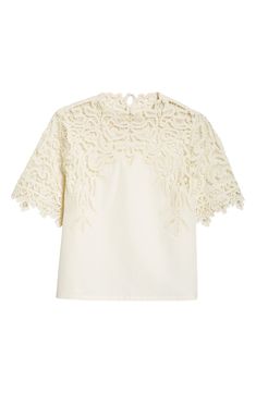 A graceful swirling pattern in guipure lace comprises the yoke and sleeves of this elegant cotton-and-silk top. 22" length (size 8) Back keyhole with button-and-loop closure Jewel neck Short sleeves 70% cotton, 30% silk Dry clean Imported Feminine Evening Tops With Lace Trim, Elegant Lace Top With Lace Collar, Chic Wedding Blouse With Lace Patchwork, Elegant White Crochet Top With Lace Sleeves, Chic Fitted Cotton Lace Tops, Chic Cotton Lace Top, Elegant Lace Blouse With Lace Work, Elegant Formal Tops With Lace Patchwork, Elegant Lace Blouse