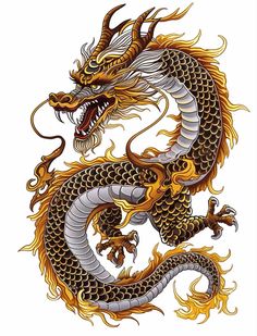 a dragon with yellow and black flames on it's body