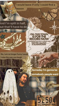 a collage of images with words and pictures on them, including an image of a ghost