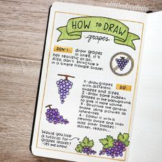 an open notebook with grapes drawn on it and the words how to draw written in cursive writing