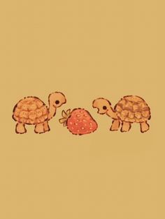 three little turtles and a strawberry on a yellow background, one is holding the other's hand