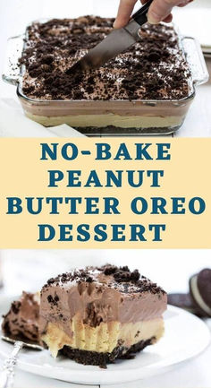 no - bake peanut butter oreo dessert on a plate with a knife in it