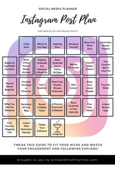 the social media planner for instagram post plan is shown in pink and purple colors