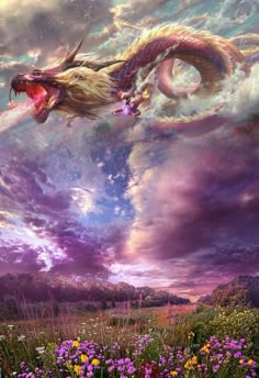 a dragon is flying through the air above flowers and clouds with its mouth wide open