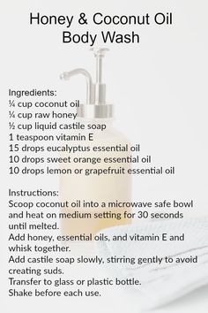 Homemade Organic Body Wash, Diy Organic Body Wash, Organic Body Wash Recipe, Diy Body Wash Recipe, Castile Soap Body Wash Recipes, Honey Body Oil, Natural Body Wash Recipe, Body Wash Diy, Coconut Oil Body Wash