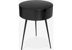 a small black table with legs and a round top on the bottom, in front of a white background