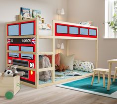 a child's bedroom with bunk beds and toys on the floor in front of it