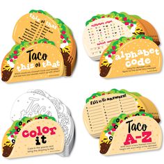 four taco themed coasters with the words,'this or that? '