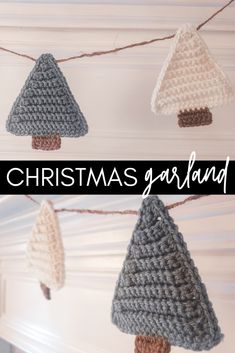 three crocheted christmas trees hanging from a string with the words christmas garland below them