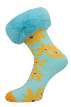 Keep your feet warm in style with these cotton socks featuring a colourful leaf design and blue faux fur trim.   100% Natural Cotton 15% Acrylic 85% Modacrylic Fur Socks, Baby Blue Fluffy Socks, Fluffy Wool Socks, Fun Fluffy Socks, Multicolor Retro Winter Socks, Yellow Animals, Faux Fur Bag, Fur Gloves, Leather Coat Jacket