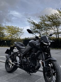 a black motorcycle parked in a parking lot next to some trees and bushes on a cloudy day