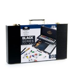 the black box contains an assortment of markers and pencils