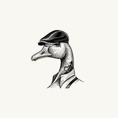 a black and white drawing of a duck wearing a hat