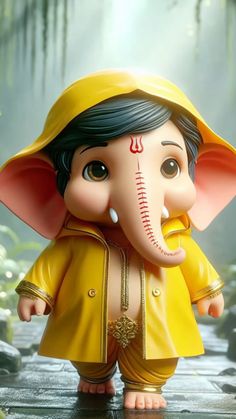 a small statue of an elephant with a yellow hat on it's head and eyes