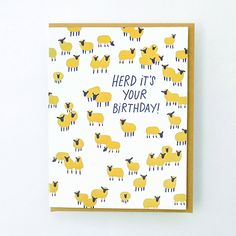 a greeting card with sheep on it says, herd it's your birthday in black and yellow