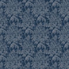 a blue and white wallpaper with leaves on it