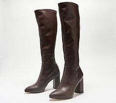 Make a bold and chic style statement in these essential tall boots. From Franco Sarto. Tall Fall Boots With Block Heel, Tall Boots With Stacked Heel For Fall, Brown Tall Knee-high Boots For Fall, Fall Tall Boots With Stacked Heel, Chic Tall Heeled Boots For Winter, Modern Boots For Fall, Modern Tall Boots For Fall, Trendy Stacked Heel Knee-high Boots For Winter, Fall Season High Heel Knee-high Boots With Medium Width