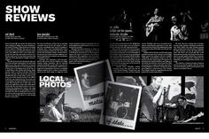 an article in the magazine shows images of people playing instruments and singing, with text that reads show reviews local photos