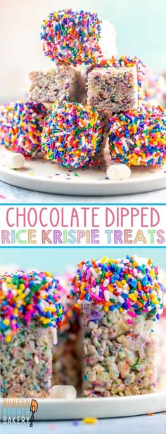 chocolate dipped rice krispy treats with sprinkles on the top and bottom