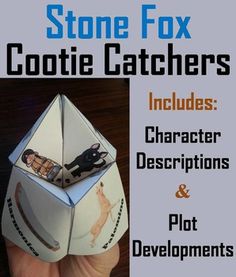 a hand holding up a paper toy with the title stone fox and cootie catchers includes character descriptions and plot development