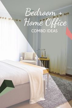 bedroom and home office combo ideas with text overlaying the image in red, white, and blue