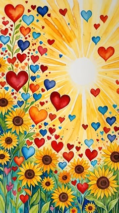 a painting of sunflowers and hearts on a sunny day with the sun in the background