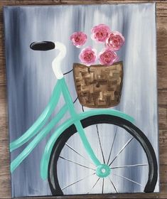 a painting of a bicycle with pink roses in a basket