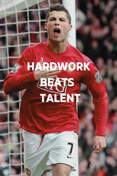 a soccer player with his mouth open and the words hard work beats talent in front of him