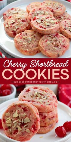 These Cherry Shortbread Cookies are filled with sweet maraschino cherries and sliced almonds all wrapped in a buttery shortbread cookie dough. They’re simple and delicious!