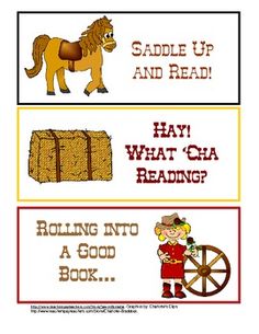 three different books with pictures of horses, hay and what ca's reading?