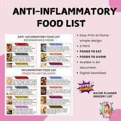 Anti-Inflammatory Diet Meal Guide, Diet Sheet, Hypertension Meal Planning, Grocery List, Digital Printable Nutrition, Water Planner This guide is for you. Need a handy reference guide to follow the Anti-Inflammatory Diet? Buy this handy two-page guide to foods to eat and avoid on the Anti-Inflammatory Diet! With each purchase you receive 1 high quality PDF file in the following sizes: - A4 Size: 210 x 297 mm (2 pages) A great supplement for dietitians, health promoters, counsellors, wellness coordinators, educators, nurses, doctors and clinicians. Reprint as many times as needed! Use the instant download files to print from your home or office printer or send the file to your local print shop for printing. Second Trimester Meal Plan, Fat Loss Dinner, Caloric Deficit Meals, Water Planner, Meal Planning Grocery List, Deficit Meals, Meal Guide, Food Calorie Chart, Inflammation Foods