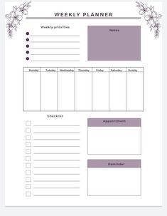 a printable weekly planner is shown in purple and white with flowers on the side