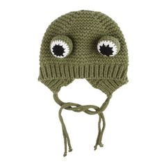 a green knitted hat with eyes on it