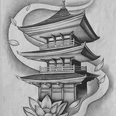 a black and white drawing of a pagoda