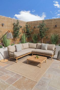 an outdoor living area with couches, tables and potted plants