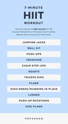 the 7 minute hiit workout plan is shown in blue and white, with instructions for each