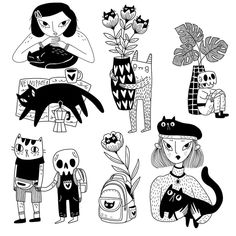 black and white drawings of people with cats, flowers, and other things in their hands