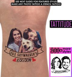 a tattoo with two people and a dog on the side of their arm, next to an advertise