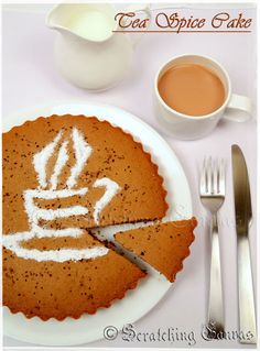 a piece of cake on a plate with the word tea spice cake painted on it