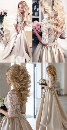 a collage of photos showing the back of a bride's dress with long hair