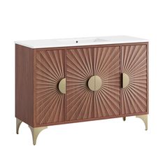 an art deco cabinet with two doors and a sink in the center, on white background