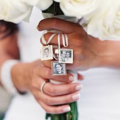 a person holding a bouquet with flowers in their hands and two pictures on the ring