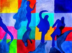 an abstract painting of people and cats on colorful squares