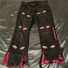 Custom Pants With Pink Bats And It Has Pink Flaps At The Bottom Too Custom Pants, Pants Custom, Levis Pants, Pants Color, Levis Men, Shoes Boots, Mens Pants, Levi's, Black Pink