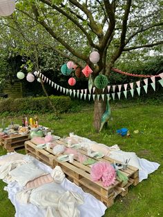 an outdoor picnic is set up in the grass with paper lanterns and decorations on it