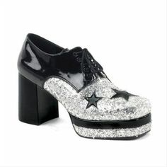 This is a listing for a new pair of 3.5" Black Silver Glitter Platform Shoes.  These are a comfortable pair of costume shoes that will add the extra wow factor to any costume idea that you have in mind.  They are made by Funtasma and the style name is Glamrock-02.   Available colors: Black/Silver, Gold/Silver  Available sizes: US man's sizes 8/9, 10/11, 12/13 and 14.  The sizing for these boots runs in doubles, however don't be scared off by that.  Choose your regular size and they should fit we Disco Shoes, Mens Platform Shoes, Silver Platforms, Disco Style, Pleaser Shoes, Costume Shoes, Chunky High Heels, Glitter Shoes, Star Shoes