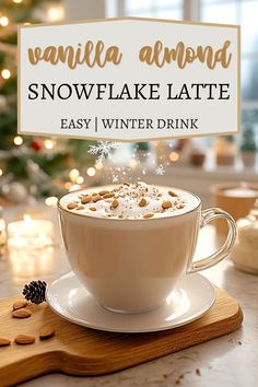 Cozy up with this Vanilla Almond Snowflake Latte recipe, a creamy blend of white tea, almond milk, vanilla, and honey, perfect for the holiday season! Almond Milk Tea Recipe, Creamy Tea Recipes, Starbucks Hot Drinks Recipes, White Tea Recipe, Vanilla Coffee Recipe, Fall Latte Recipes, Easy Winter Drinks, Winter Tea Recipe, Latte Ideas