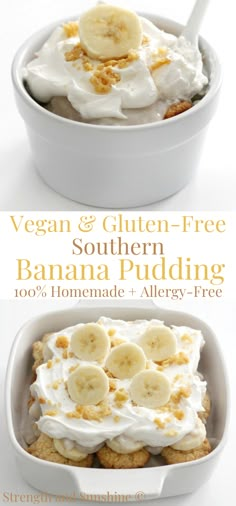 two bowls filled with banana pudding and topped with whipped cream, sliced bananas on top